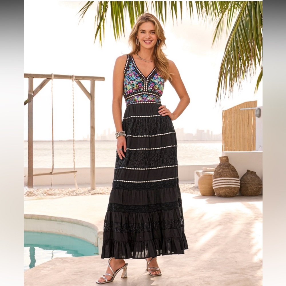 BOSTON PROPER, Embroidered and Embellished Tiered Lace Inset Maxi Dress, Size S